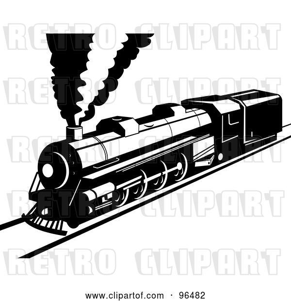 Clip Art of Retro Steam Train on a Straight Railway
