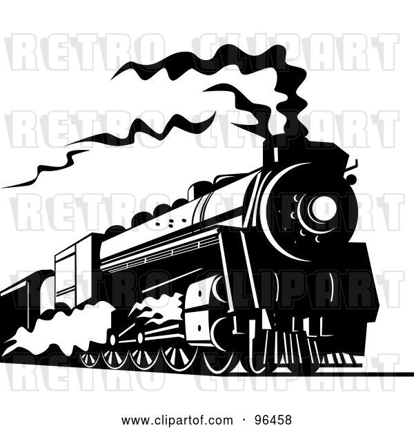 Clip Art of Retro Steam Train Traveling Along the Railroad