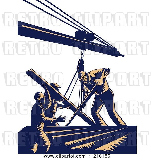 Clip Art of Retro Team of Construction Workers Using a Boom to Lift Lumber