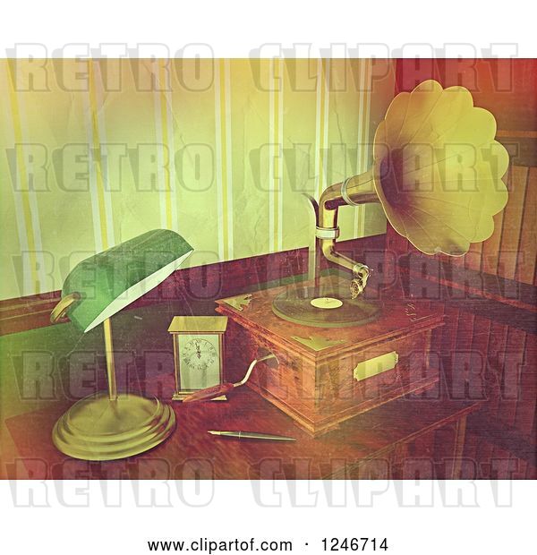 Clip Art of Retro Texture over a Gramophone and Desk Lamp