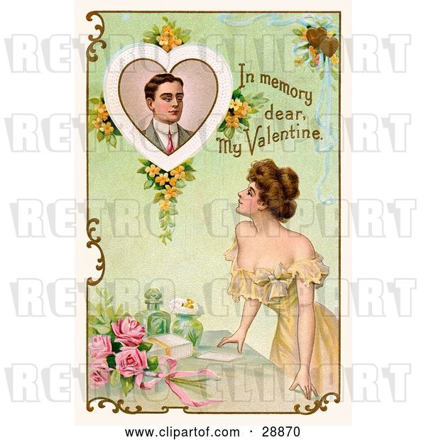 Clip Art of Retro Valentine of a Beautiful Young Lady Leaning on a Table and Looking up at a Portrait of a Deceased Guy with Text Reading "In Memory Dear, My Valentine" Circa 1910