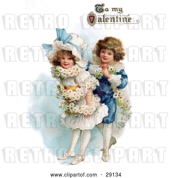 Clip Art of Retro Valentine of a Boy Wrapping His Girlfriend in a White Daisy Flower Garland with "To My Valentine" Text, Circa 1890