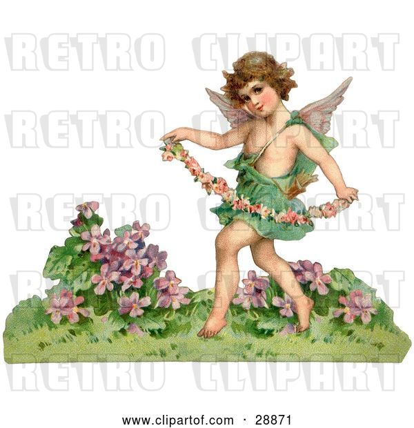 Clip Art of Retro Valentine of a Cupid Playfully Running Through a Garden and Carrying a Garland of Flowers, Circa 1888