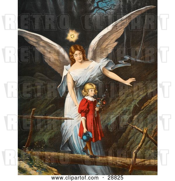 Clip Art of Retro Valentine of a Female Guardian Angel Guiding a Little Girl in a Red Dress Across a Dangerous Log Bridge over a Gorge, Circa 1890
