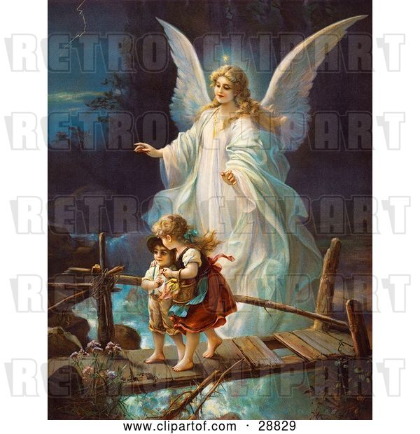 Clip Art of Retro Valentine of a Female Guardian Angel Protecting a Little Girl and Her Brother As They Cross over a River on a Narrow Broken Bridge, Circa 1890