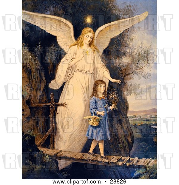 Clip Art of Retro Valentine of a Female Guardian Angel Protecting a Little Girl As She Crosses a Gorge on a Narrow Bridge, Carrying a Basket and Flowers, Circa 1890