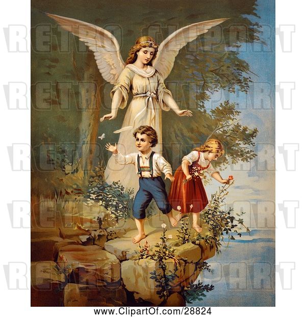 Clip Art of Retro Valentine of a Female Guardian Angel Watching over a Little Boy and Girl As They Pick Flowers and Chase Butterflies at the Edge of a Cliff, Circa 1890