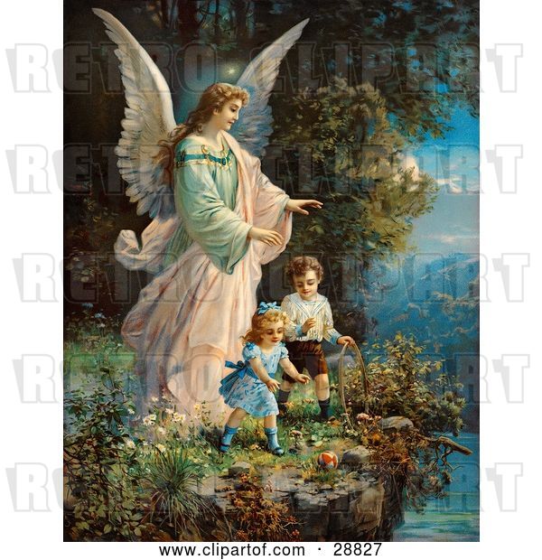 Clip Art of Retro Valentine of a Female Guardian Angel Watching over Two Little Children As They Play with a Ball and Hoop at the Edge of a Cliff, Circa 1890