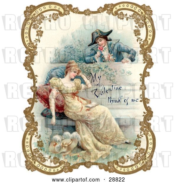 Clip Art of Retro Valentine of a Guy Holding a Flower and Looking over a Patio Wall, Admiring a Young Lady, Bordered by Golden Flowers, Circa 18th Century