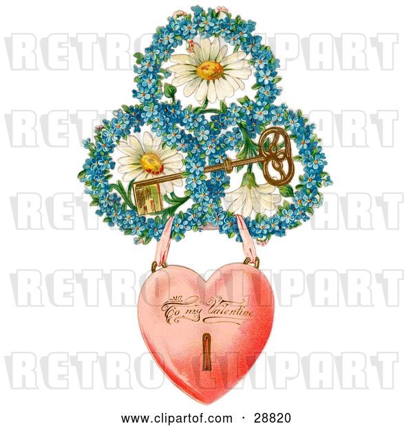 Clip Art of Retro Valentine of a Heart Locket Suspended from Rings of Blue Flowers Around White Daisies with a Gold Skeleton Key Circa 1890