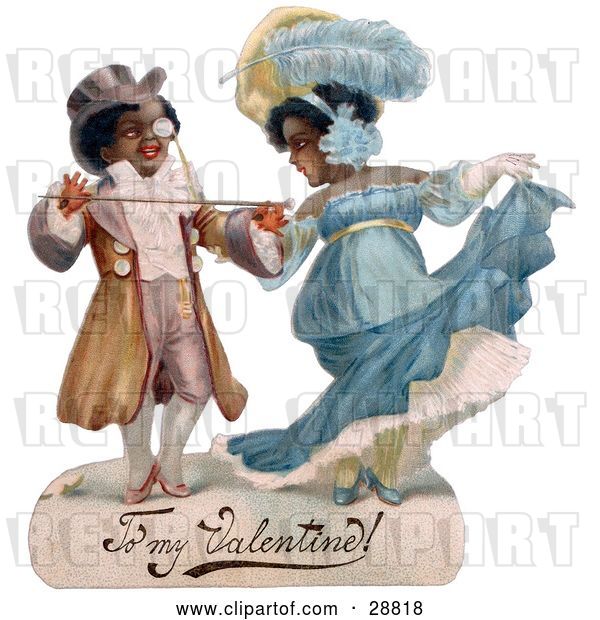 Clip Art of Retro Valentine of a Romantic Black Couple in Beautiful Clothing, Ballroom Dancing, Circa 1890