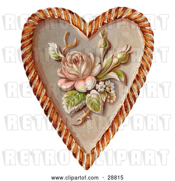 Clip Art of Retro Valentine of a Rose and Blossoms on a Heart, Circa 1890