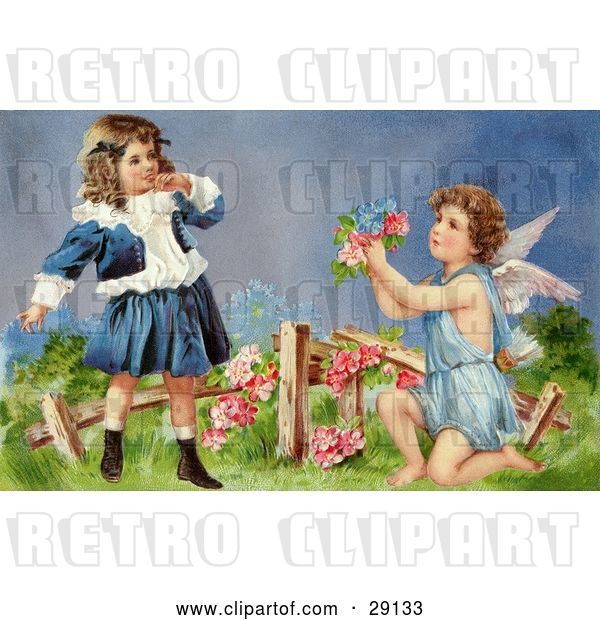 Clip Art of Retro Valentine of a Surprised Little Girl Leaning Back While Cupid Kneels Before Her, Offering Her Flowers in a Garden, Circa 1905