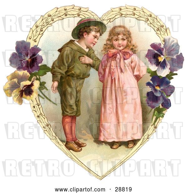 Clip Art of Retro Valentine of a Sweet Little Boy Trying to Woo a Little Girl in a Heart of Leaves and Pansy Flowers, Circa 1890