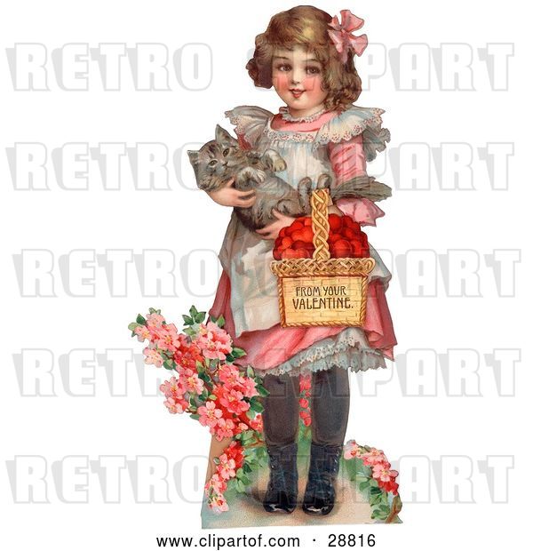 Clip Art of Retro Valentine of a Sweet Little Girl Carrying a Basket of Red Hearts and a Cat in Her Arms, Walking in a Flower Garden, Circa 1885