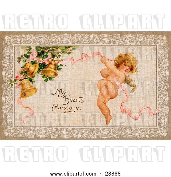 Clip Art of Retro Valentine of Cupid Flying and Tugging on a Pink Ribbon Connected to Golden Ringing Bells with Text Reading "My Heart's Message" Circa 1910