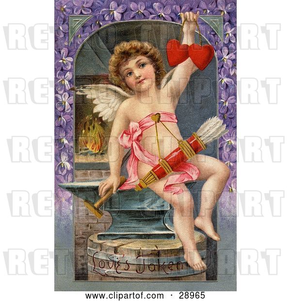 Clip Art of Retro Valentine of Cupid Forging Two Valentine Hearts, Sitting on an Anvil with Arrows Hanging from His Chest, Circa 1911.