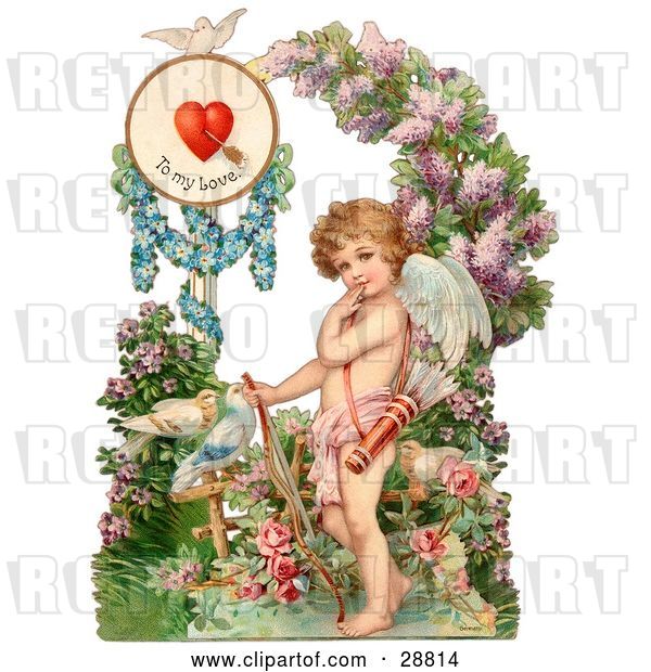 Clip Art of Retro Valentine of Cupid Resting His Bow on the Ground in a Flower Garden Circa 1890