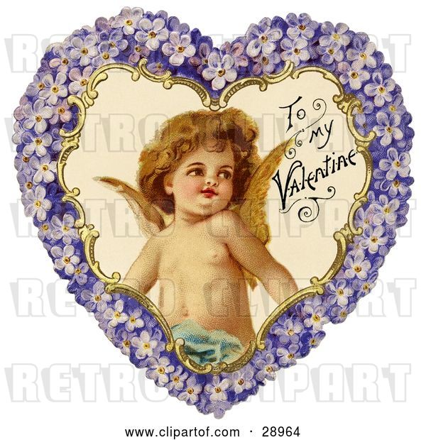 Clip Art of Retro Valentine of Cupid Smiling Inside a Purple Floral Forget Me Not Heart, Circa 1890