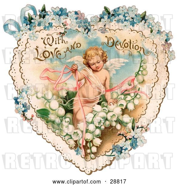 Clip Art of Retro Valentine of Cupid with Ribbons, Prancing in White Lily of the Valley Flowers on a Lacy Heart with Forget Me Not Flowers, Circa 1890