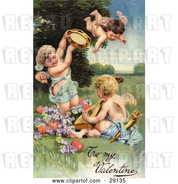 Clip Art of Retro Valentine of Three Cherubs, One Flying, Playing Tambourines and Mandolins with Hearts and Purple Flowers, Circa 1906