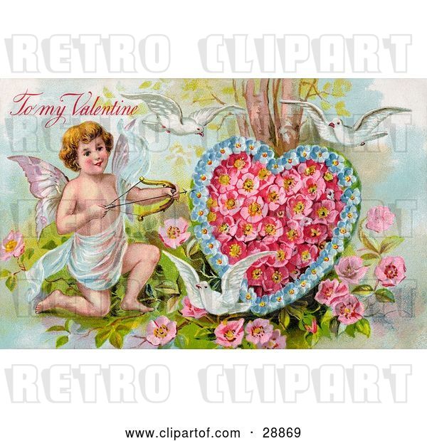 Clip Art of Retro Valentine of Three White Doves Flying Around Cupid Aiming an Arrow at a Heart Made of Pink Poppies and Blue Forget Me Nots, Circa 1910