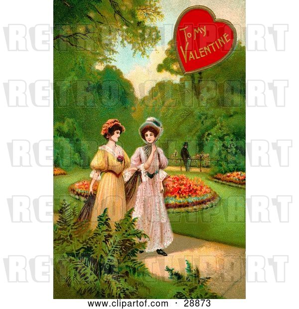 Clip Art of Retro Valentine of Two Ladies Strolling Through a Garden and Talking About a Guy in the Background