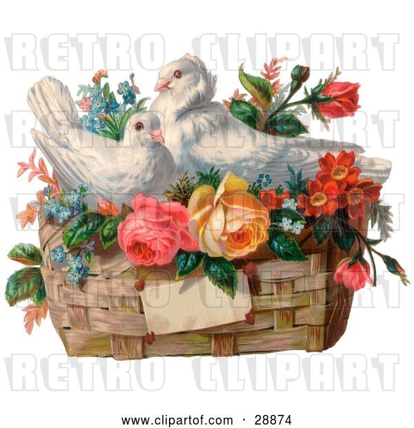 Clip Art of Retro Valentine of Two White Doves Nesting in a Basket of Forget Me Nots and Roses, Circa 1890