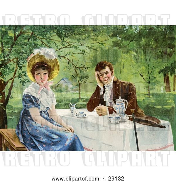 Clip Art of Retro Victorian Couple Drinking Tea Outdoors on a Nice Day, the Lady Looking Away from the Guy, Circa 1830