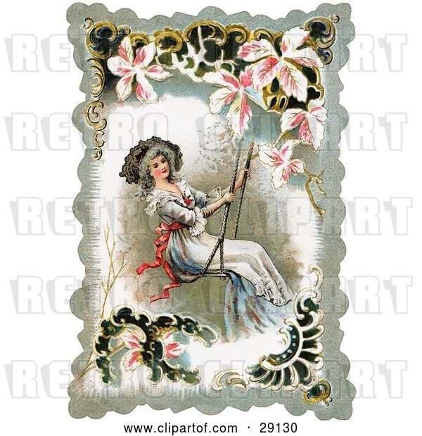 Clip Art of Retro Victorian Lady Smiling While Swinging on a Swing, Bordered by Scalloped Designs, Circa 1880