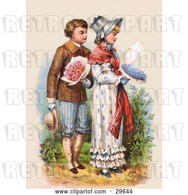 Clip Art of Retro Victorian Scene of a Boy Carrying Flowers and Walking Behind a Girl As She Reads a Love Letter, Circa 1886
