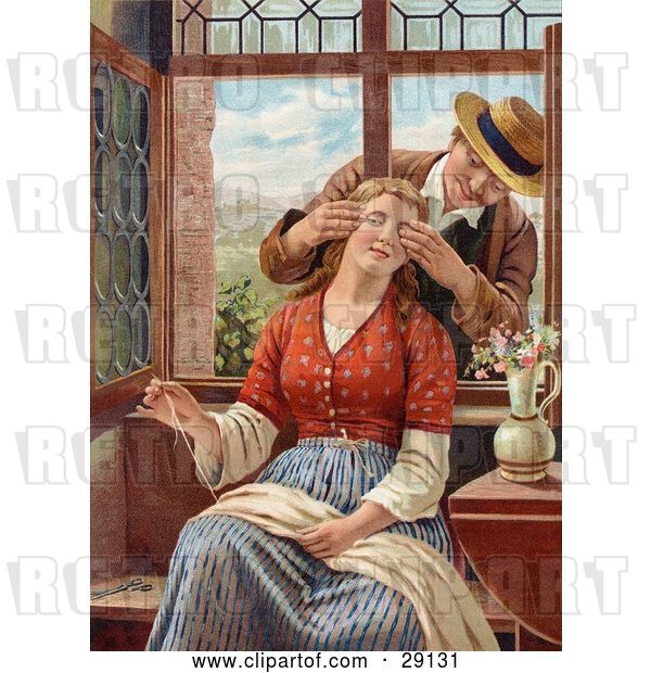 Clip Art of Retro Victorian Scene of a Guy Reaching in Through an Open Window, Covering a Lady's Eyes As She Sews, Circa 1850