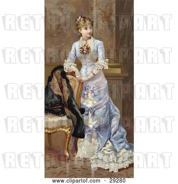 Clip Art of Retro Victorian Scene of a Young Lady in a Beautiful Dress, Resting Her Arms on a Chair and Looking off to the Right, Circa 1870