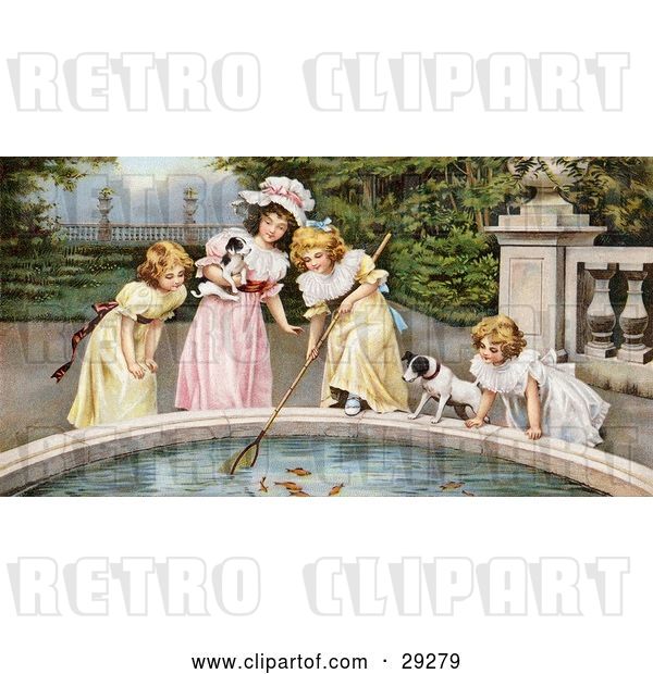 Clip Art of Retro Victorian Scene of Four Little Girls with Their Dogs, Fishing Goldfish out of a Pnd in a Park, Circa 1880