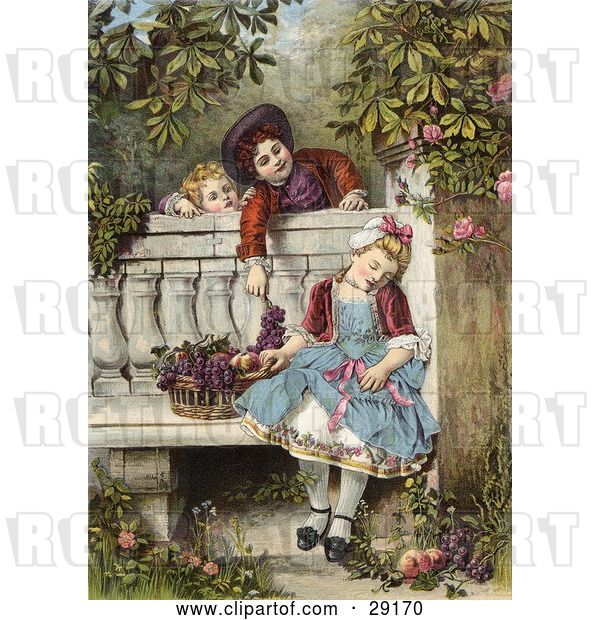 Clip Art of Retro Victorian Scene of Little Boys Flirting and Teasing a Little Girl Asleep on a Garden Bench with a Basket of Fruit, Circa 1850