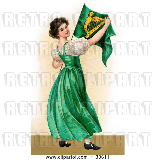 Clip Art of Retro Victorian St Patrick's Day Scene of a Patriotic Young Irish Lady Wearing a Green Dress, Holding an Irish Flag, Circa 1907