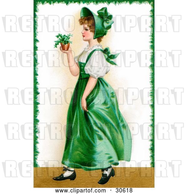 Clip Art of Retro Victorian St Patrick's Day Scene of a Young Irish Lady in a Green Dress and Bonnet, Carrying a Small Plant, Circa 1907