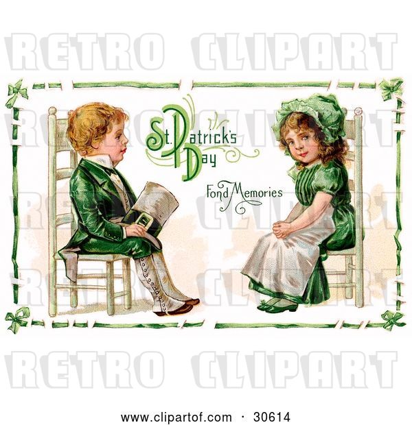 Clip Art of Retro Victorian St Patrick's Day Scene of an Irish Boy and Girl Dressed in Green and Sitting in Chairs Across from Each Other, Circa 1911