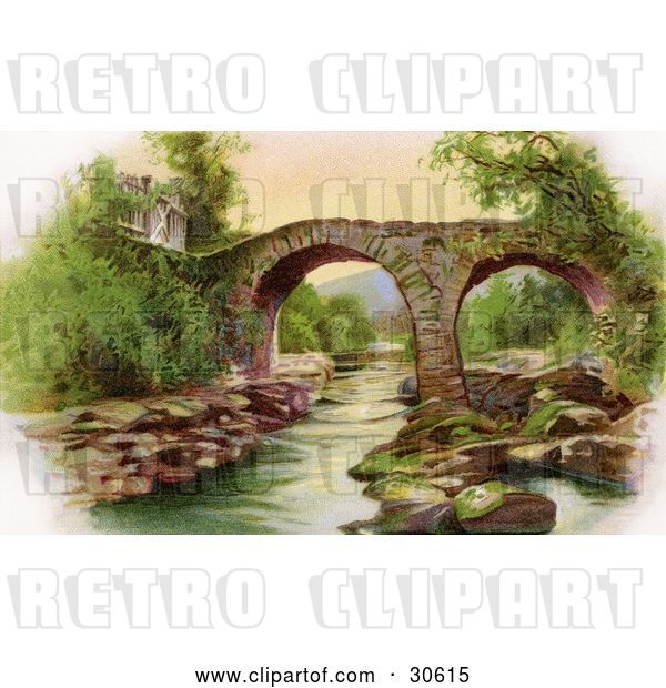 Clip Art of Retro Victorian St Patrick's Day Scene of Irelands Old Weir Bridge in Killarney, Circa 1910
