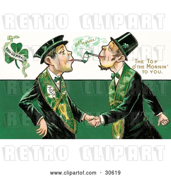 Clip Art of Retro Victorian St Patrick's Day Scene of Two Friendly Irish Men Dressed in Green, Touching Tobacco Pipes and Shaking Hands, Circa 1910