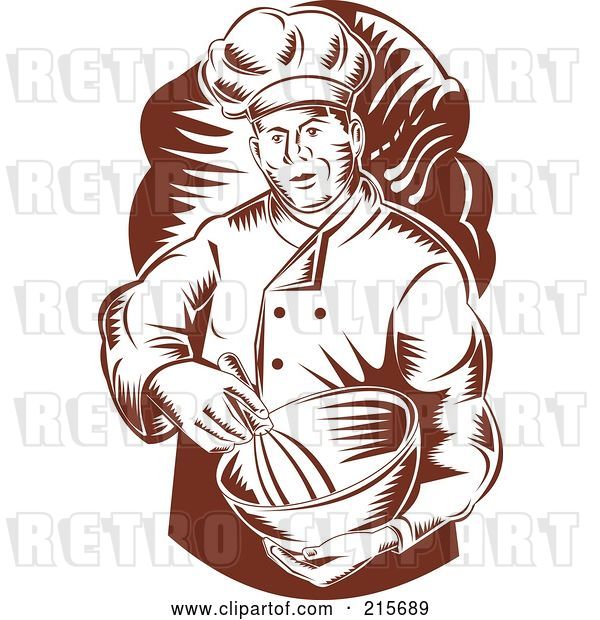 Clip Art of Retro Woodcut Chef Mixing Ingredients