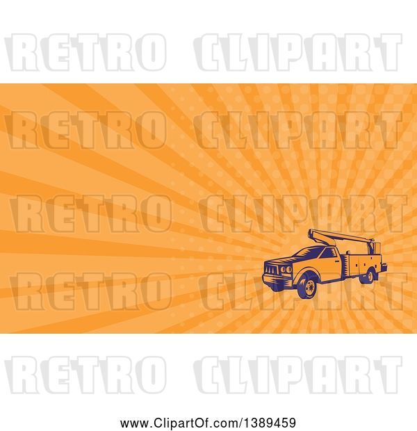 Clip Art of Retro Woodcut Cherry Picker Lift Truck and Orange Rays Background or Business Card Design