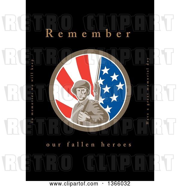 Clip Art of Retro WWII American Soldier with a Bayonet in an American Flag Circle with Remember Our Fallen Heroes Text on Black