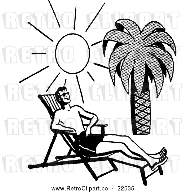 Clipart of a Happy Retro Man Sun Bathing at a Tropical Beach