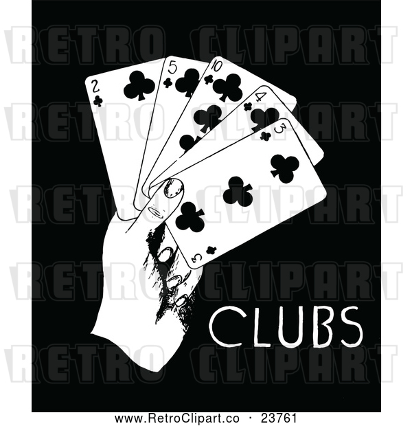Clipart of a Retro Hand with 2, 3, 4, 5, 10 of Clubs Playing Cards