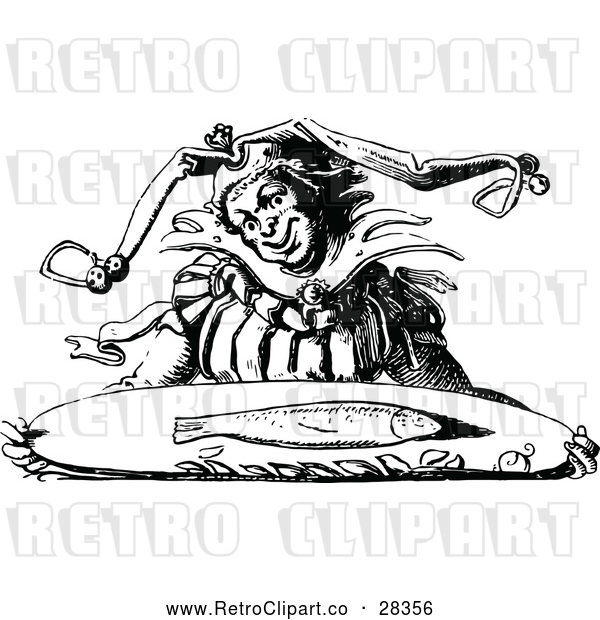 Clipart of a Retro Jester Carrying a Fish on a Tray