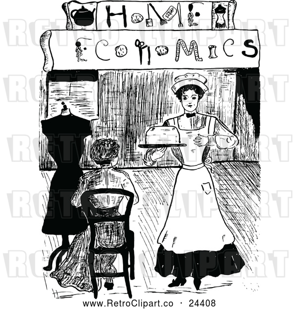 Clipart of a Retro Maid Serving a Woman at Home Economics