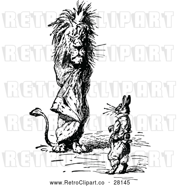 Clipart of a Retro Male Lion Standing Beside a Rabbit