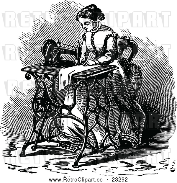 Clipart of a Retro Woman Using a Sewing Machine