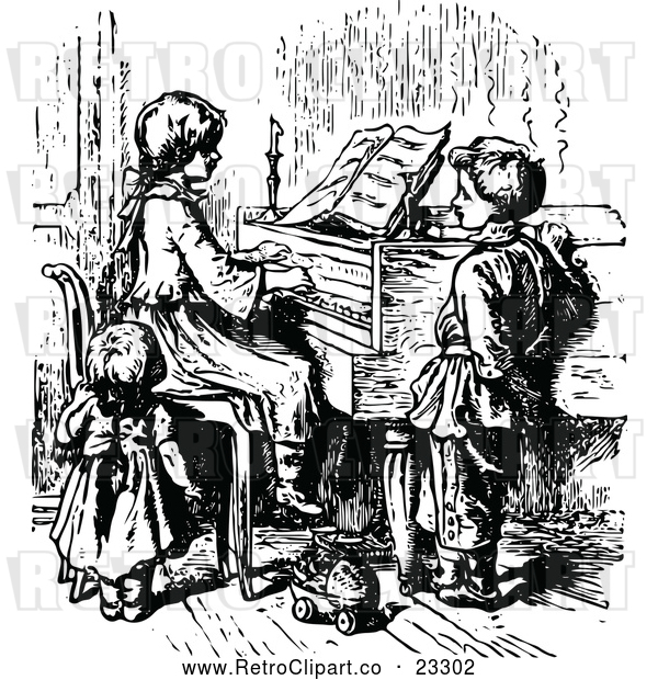 Clipart of Retro Children Learning to Play the Piano